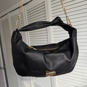 Persaman New York Clemence Black Leather Crossbody Bag Knot Handle Chain Strap